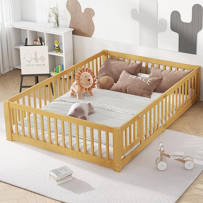 Bellemave Queen Size Floor Bed for Kids, Girls, Boys, Wood Floor Bed with slats and Door, Natural