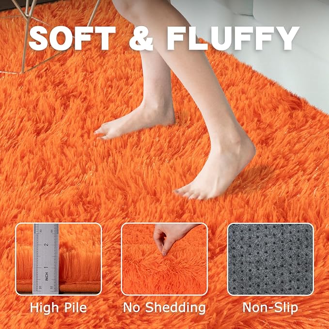 Round Orange Rug for Bedroom, 7 ft Circle Area Rugs for Living Room, Soft Large Fluffy Shag Carpet for Teen Girls Boys Nursery Room Dorm Home Decor Aesthetic