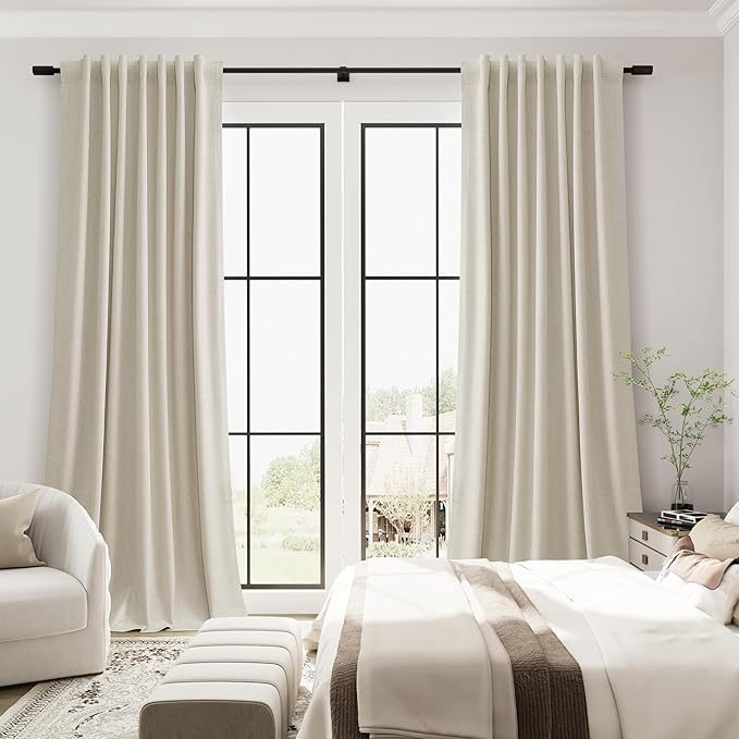 Guken Warm Beige Linen 100% Blackout Curtains 84 Inch Length 2 Panels for Living Room Bedroom Country Farmhouse Linen Black Out Thermal Insulated Soundproof Hook Belt Back Tab Nursery 52x84 7Ft