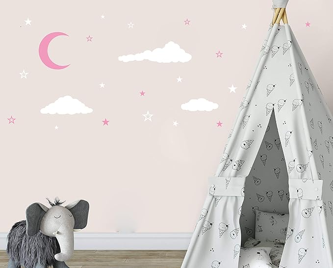 Moon & Stars Wall Decals, Kids Nursery Decoration, Vinyl Stickers for Baby's Room Y08 (White, Pink)