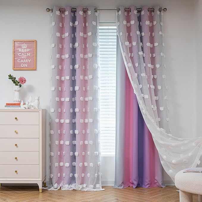 MYSKY HOME Nursery Curtains for Girls Room - Pink & Purple, 90 Inch Long, White Pom Pom, Sheer, Double Layer, Room Darkening, 52 x 90 in