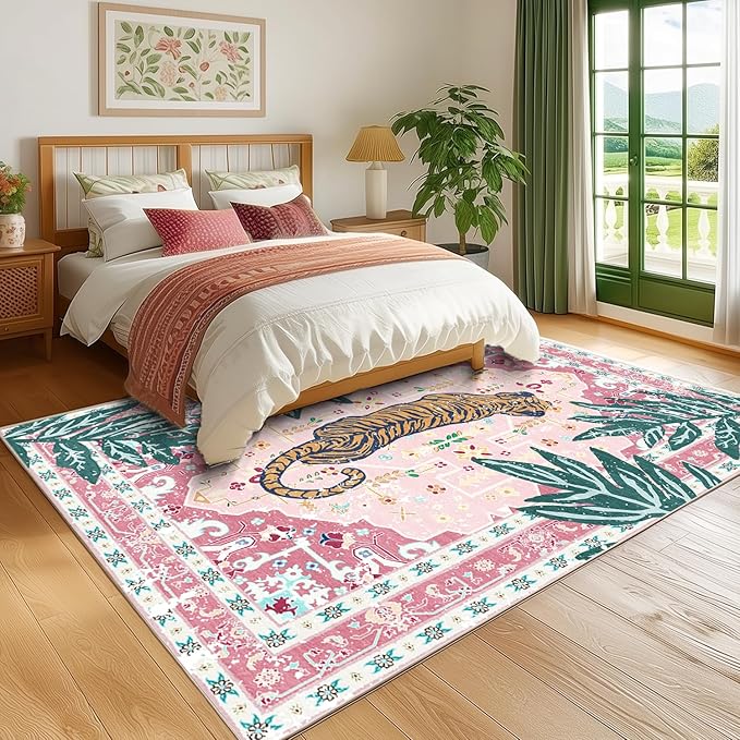 Washable Non-Slip 5x8 Pink Tiger Rug for Girls Room Bedroom Dining Room Boho Vintage Tropical Animal Print Jungle Rug Soft Cozy Cute Whimsical Woodland Carpet for Playroom Living Room