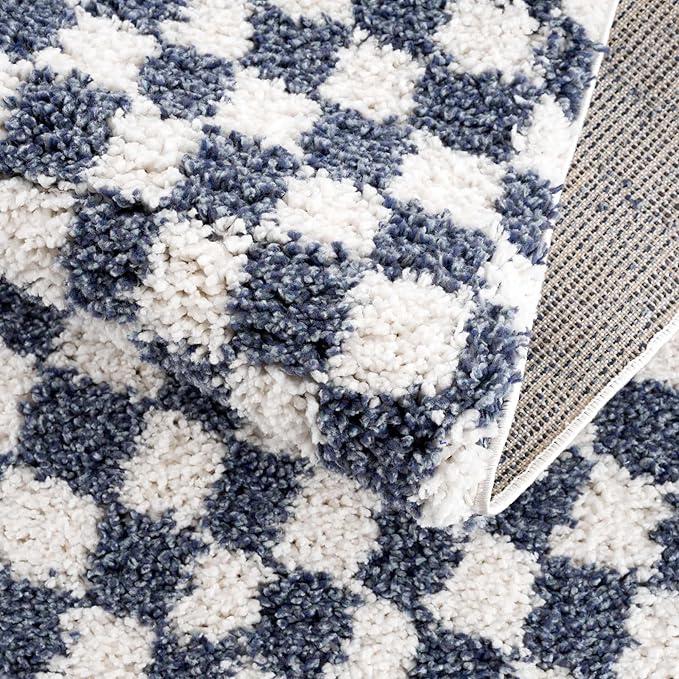 Hauteloom Kieu Contemporary Checkered Fluffy Shag Area Rug - Modern Geometric Soft Carpet Tiles for Living Room, Kids Room, Nursery - Blue, White - 5'3" x 7'