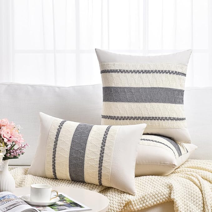 Fancy Homi Set of 2 Neutral Grey Farmhouse Decorative Throw Pillow Covers 16x16 Inch for Couch Bed Chair Indoors, Vintage Country Rustic Retro Room Decor, Soft Thick Cotton Handmade Woven Cushion Case