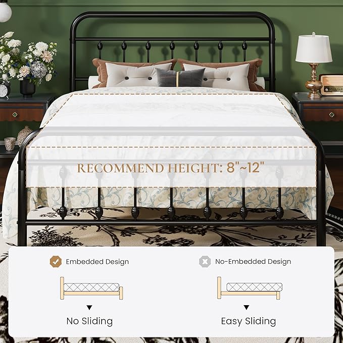 SHA CERLIN Full Size Metal Platform Bed Frame with Victorian Style Iron-Art Headboard and Footboard, Easy Assembly, Under Bed Storage, No Box Spring Required, Black