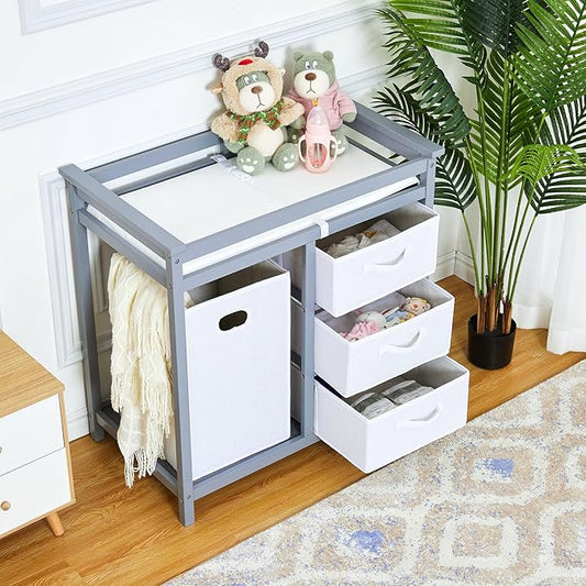 Wooden Baby Changing Table, Modern Diaper Changing Table, Infant Diaper Changing Station Dresser with Laundry Hamper, 3 Drawer Basket and Changing Pad