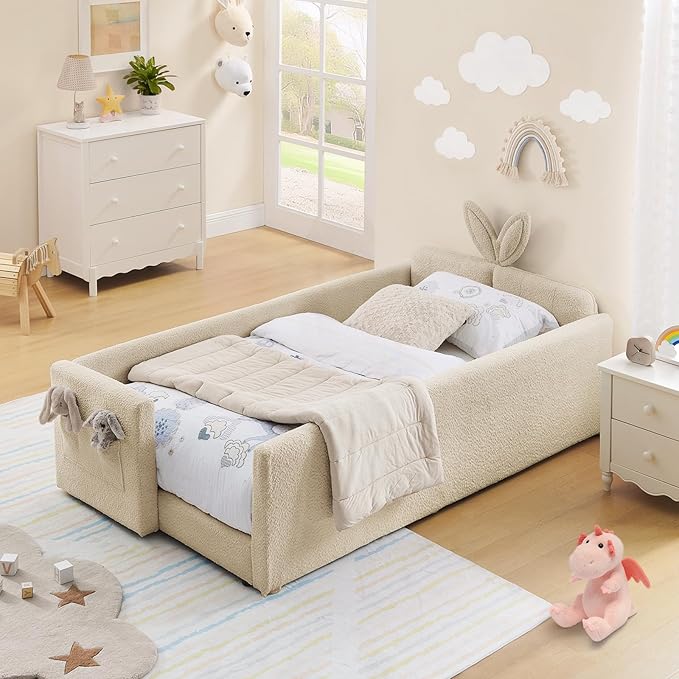 Twin Size Kids Bed with Rabbit Ear Headboard, Upholstered Boucle Fabric Twin Daybed with Slats Support & Side Pockets, Space-Saving Wooden Corner Sofa Couch Bed Frame, for Girls, Boys, Teenager(Camel)