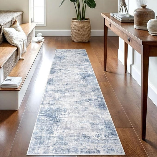 IOHOUZE Abstract Runner Rug 2x8 Ft Washable Runners for Hallways, Non Slip Kitchen Runner Printed Faux Wool Entryway Runner Indoor, Modern Floor Carpet for Hall Kitchen Bedroom, Light Blue White
