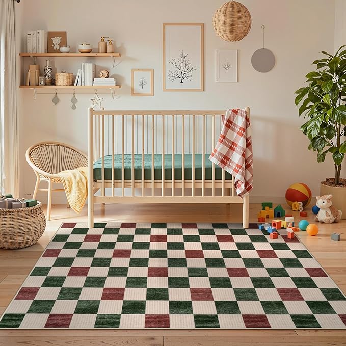 Machine Washable 5x7 Area Rugs for Living Room Christmas Clearance Checkered, Non Slip Low Pile Farmhouse Modern Neutral Playroom Boys Rugs for Bedroom, Carpet Rugs for Dining Room(Christmas,5'x7')