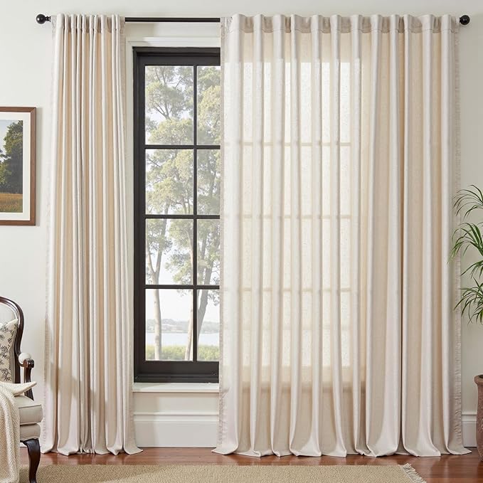 jinchan Beige Linen Blend Curtain 120 Inches Extra Long 1 Panel for Sliding Door, Light Filtering 100 Inches Extra Wide Patio Door Natural Drape with Rod Pocket Back Tab (100W x 120L, Ecru)