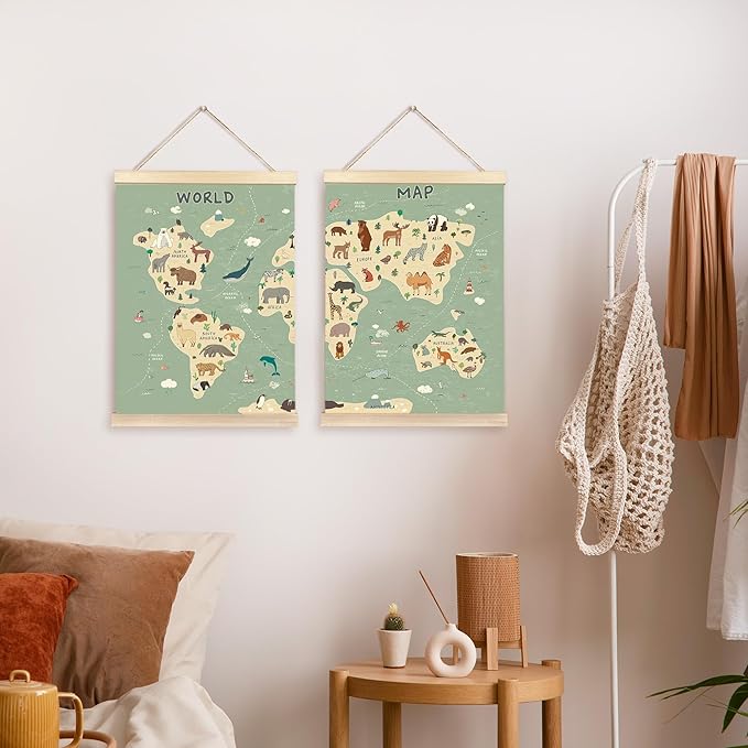 CGBHW World Map Poster Hanger Frame Set of 2, Cute Animal Educational Learning Tool Posters Wall Art Hanging Decor for Kids Room Nursery Classroom Home School Playroom Homeschool, 12x16
