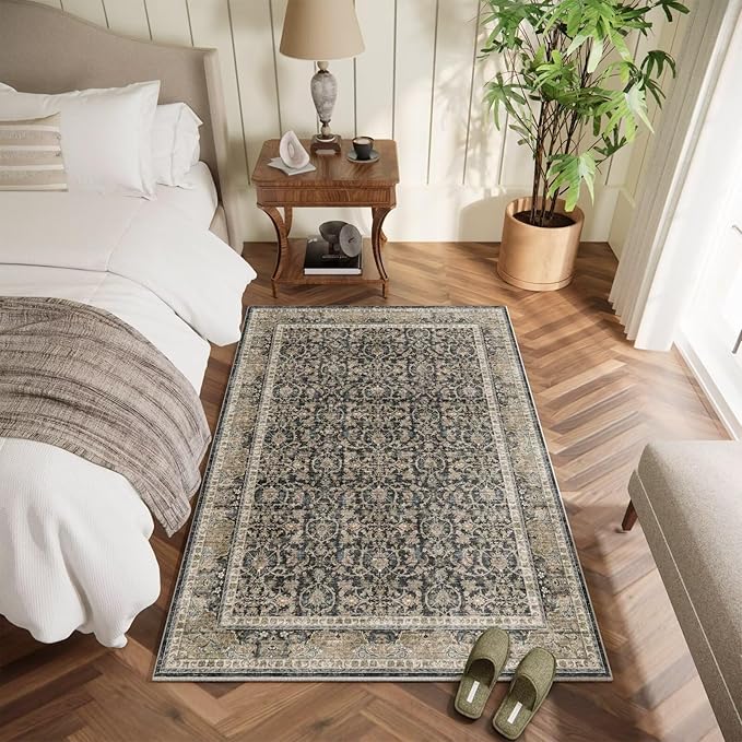 Washable 2x3 Entryway Rug, Boho Non-Slip Door Mat Vintage Distress Small Rugs for Kitchen Nursery Office Bedroom, 0.3" Neutral Oriental Throw Carpet with Cushioning Pad,Grey/Beige/Orange/Multi