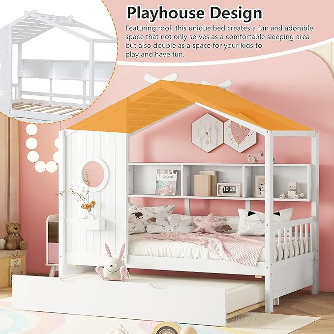 Harper & Bright Designs Twin House Daybed with Trundle & Storage Shelf, Twin Montessori Bed with Roof for Boys, Girls, Wooden Platform Bed Frame for Kids, White