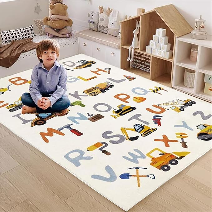Kids Rug, Alphabet and Truck Carpet for Playroom 5x7 ABC Rugs for Boys Girls, Children's Educational Play Mat, Digger Play Rug for Bedroom, Non-Slip Area Rugs for Nursery