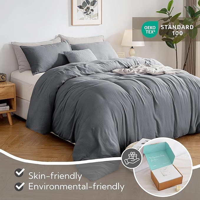 MILDLY Muslin Duvet Cover Full - 100% Washed Cotton Linen Like Gauze Comforter Cover 3 Pieces Breathable & Lightweight for All Season