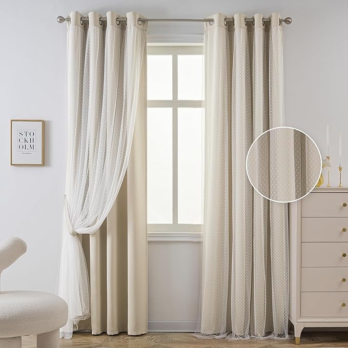 MYSKY HOME Beige 70% Blackout Curtains for Girls Bedroom & Living Room Nursery Kids Cute Double Layer Curtains with Sheer Overlay, Grommet Tops, 52x95 Inch Each Panel, 2 Panels