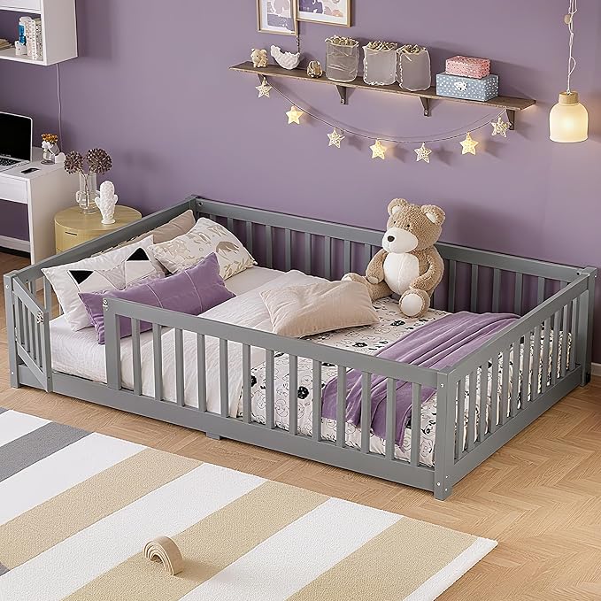 Bellemave Full Size Montessori Floor Bed Frame with Rails & Door, Solid Wood Kids Floor Bed Full with Removable Slats, Low Profile Montessori Bed for Children’s Sleep & Play, Grey