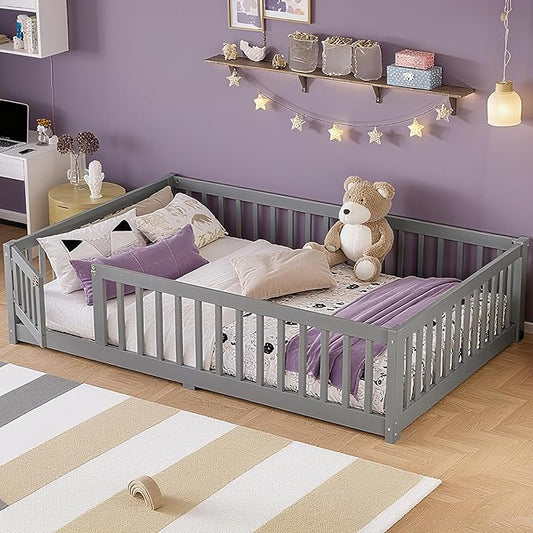 Bellemave Full Size Montessori Floor Bed Frame with Rails & Door, Solid Wood Kids Floor Bed Full with Removable Slats, Low Profile Montessori Bed for Children’s Sleep & Play, Grey