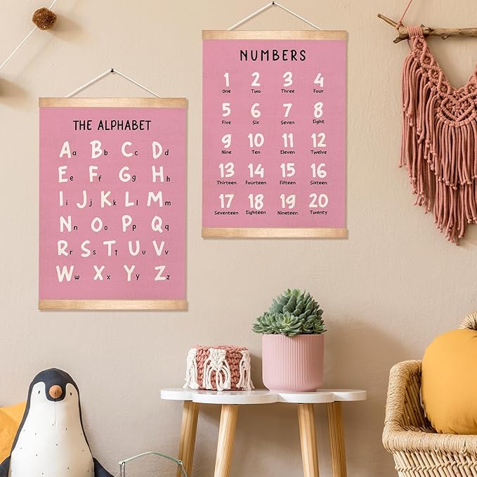 Kids Alphabet and Numbers Educational Chart Set of 2 for Classroom Decor,Colorful Educational Poster for Toddlers 1-3,Toddler Learning Poster for Kids Ages 3-5 for Nursery Playroom,Classroom Must Haves 14x18.5Inch(Pink)