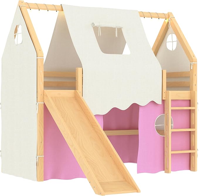 Playhouse Design Twin Size Loft Bed with Slide & Tent, Solid Wood Tent Bed Frame for Kids Boys Girls, Versatile Spacious Under Bed Space, Chic Design with Lights (Natural+Pink-Twin)