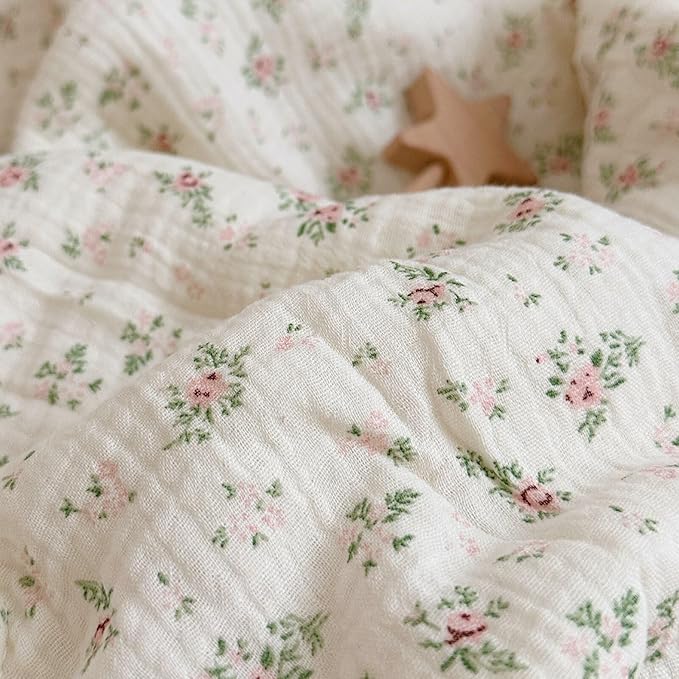 BuLuTu Muslin Cotton Kids Comforter with Lace Edge, Chic Shabby Floral Print Toddler Quilts, Soft Lightweight Baby Crib Quilted Blanket, Pomegranate Pattern, 47"x59", All Seasons