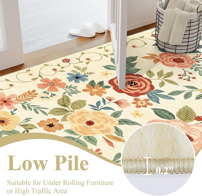 DUKINO 2x3 Rugs for Entryway, Floral Indoor Washable Door Mat, Non Slip Boho Small Rug for Kitchen, Soft Low Pile Front Door Throw Rug for Entrance, Bedroom, Kitchen, Laundry, Bathroom, Beige Yellow