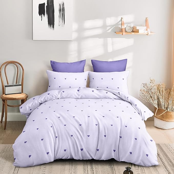 Purple Heart Duvet Cover Twin Size Cute Heart Pattern Bedding Set 3Pcs Love Printed Reversible Soft Microfiber Coquette Comforter Cover with Zipper Closure and 2 Pillowcases