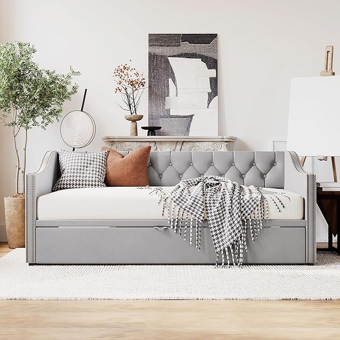 Merax Twin Size Upholstered Velvet Daybed with Pop Up Trundle, Multi-Functional Sofa Bed with Backrest and Two Armrest for Kids Room, Guest Room, Living Room,Gray
