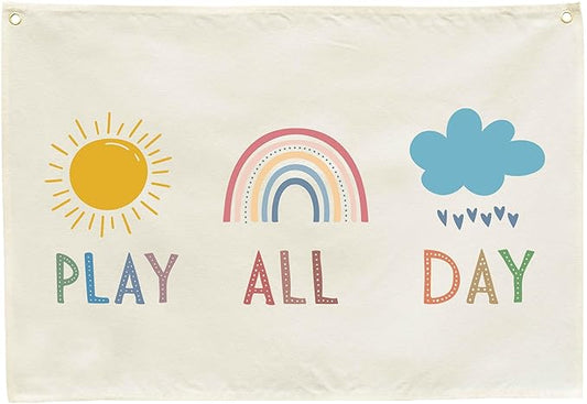 Playroom Canvas Banner Wall Decor-Hanging Rectangular Poster Flag Sign Wall Art for Nursery Baby Kids Girl Boy Teen,Playroom Decoration,Christmas Gift-Play All Day-28.5" L x 20" W
