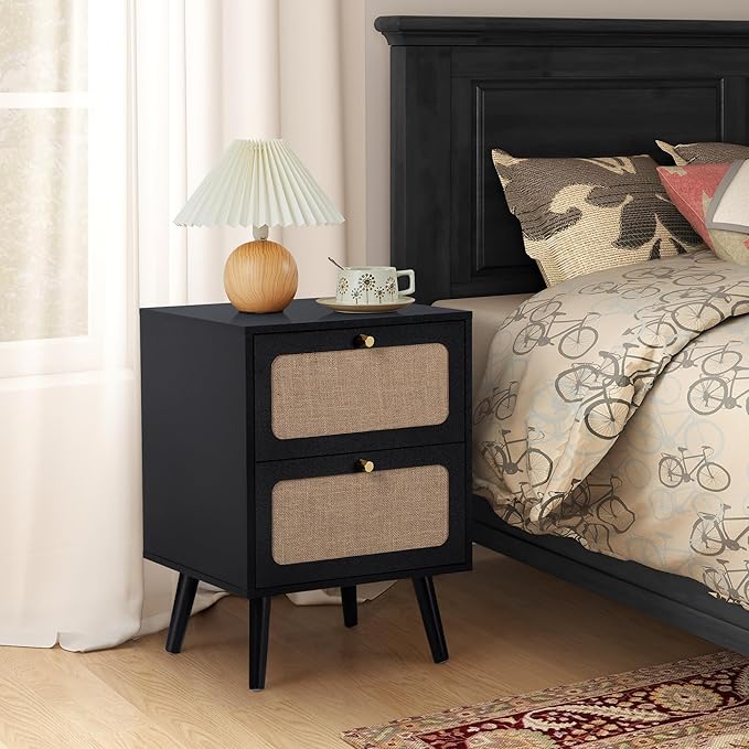 16" Wood Nightstand Set of 2, Farmhouse End Table with 2 Storage Drawer, Modern Bedside Table with Linen Decor, Minimalist Night Stand for Living Room, Bedroom & Small Space (Black)