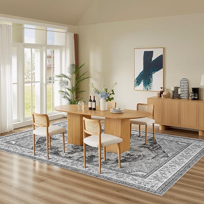 WITSHOCK Gray Living Room Rugs 12x15: Washable Vintage Boho Distressed Soft Non-Slip Low Pile Stain Resistant Foldable Carpet for Bedroom Playroom Dining Room Office, Thin Accent Farmhouse Home Decor