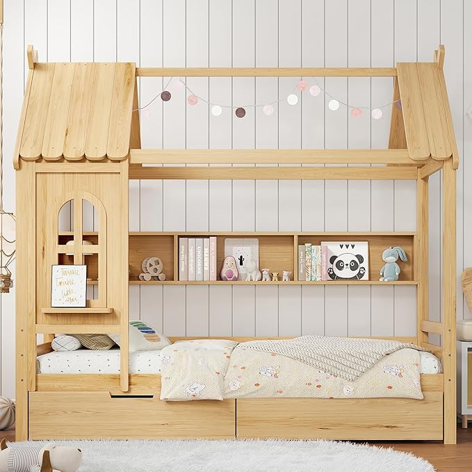MERITLINE Twin Size House Bed with Storage Drawers & Window, Solid Wood Platform Bed Frame with Shelves, No Spring Box Needed, Childlike Design for Kids, Girls, Boys, Natural