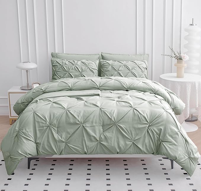 LANE LINEN Queen Comforter Set with Sheets, 7 Piece Set, Pintuck Comforter, Soft Bed Set, Bedding Comforter Sets, In-Bag Set - Mineral