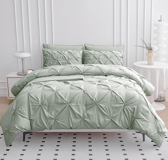 LANE LINEN Comforter Set, 7 Piece King Size Bed in a Bag - Pintuck, Soft Bedding Set with Sheets, Pillowcases & Shams - Mineral