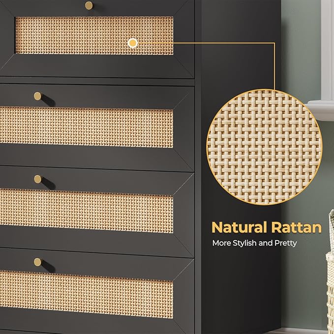 AOGLLATI Black Rattan Dresser for Bedroom with 9 Drawer, Modern Double Wooden Long Bedroom Dresser, Chest of Drawers with Metal Handle & Solid Wood Legs for Bedroom/Living Room, Black