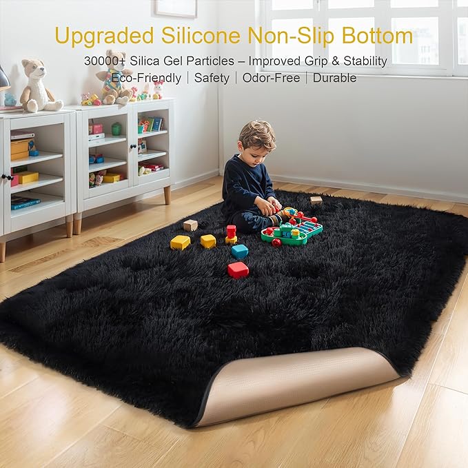KCHOWUA Thick Area Rug Black Fluffy Shag 5x8 for Bedroom, Ultra Soft Plush Shaggy Fuzzy Carpet, Thickened Washable Non-Slip Cozy Furry Rug for Living Room, Kids, Girls Boys Baby Nursery, and Dorm
