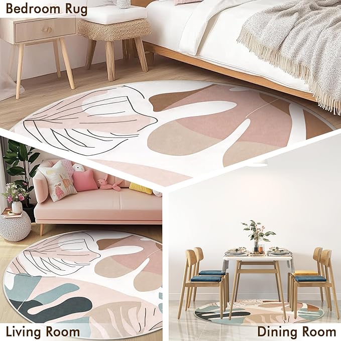 6' Machine Washable Round Area Rug, Non-Slip Abstract Boho Circle Floor Rugs for Kids, Low Pile Room Carpet for Living Room, Bedroom, Dining Room & Nursery(6' Pink)