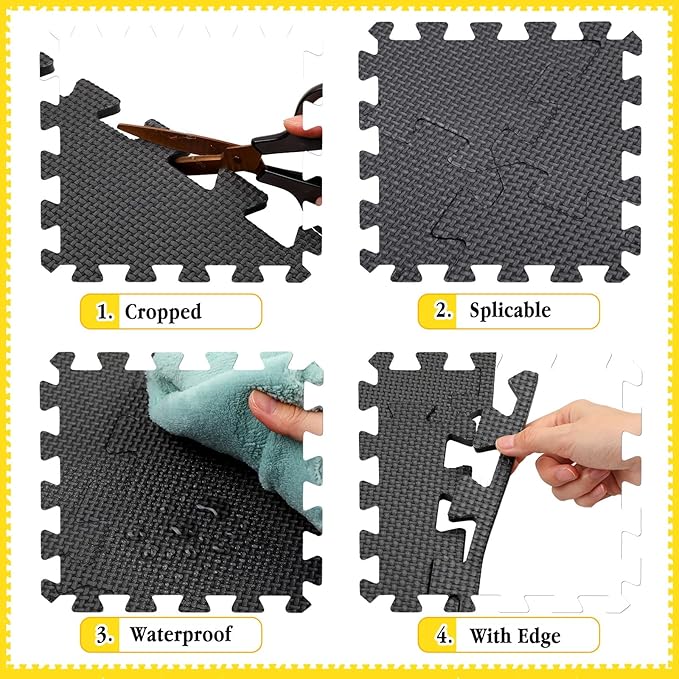 Nuanchu 60 PCS Kids Foam Puzzle Floor Mat Bulk - Solid Color Foam Play Mat with Borders Interlocking Multi Use Floor Rug for Children, 12 Inch(Black)