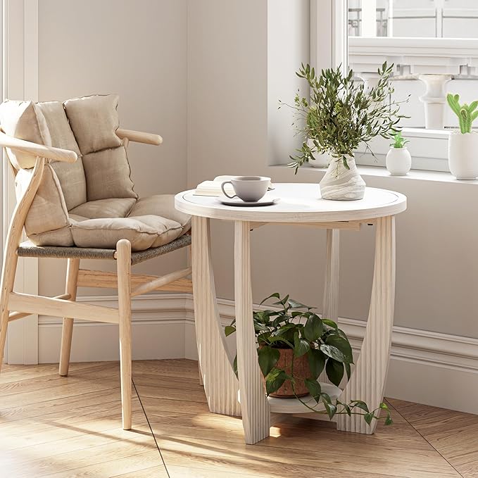 COZAYH Rustic Farmhouse end Table with Storage Shelf, French Country Accent Side Table for Family, Dinning or Living Room, Small Spaces, Modern, Round, White