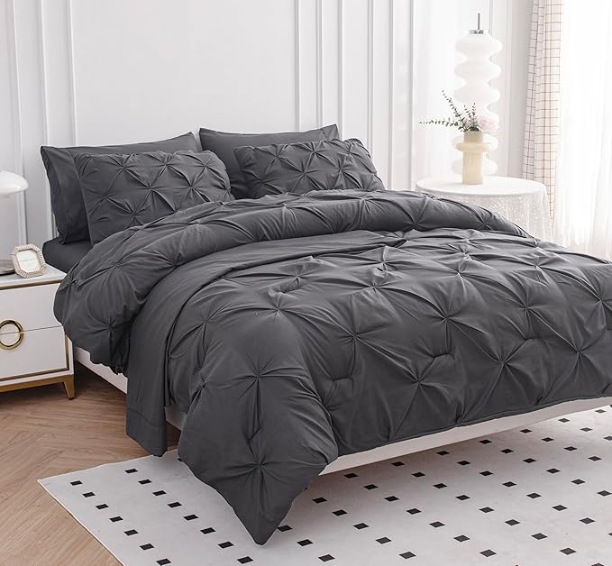 LANE LINEN Queen Comforter Set, 7 Piece Bedding Set, Pillowcases & Shams - Pintuck Comforter & Soft Queen Bed in a Bag Set - Grey