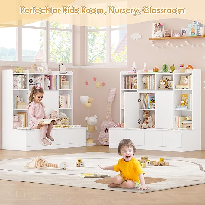 HIFIT 4-In-1 Kids Bookshelf and Toy Storage Organizer with Bench, 10-Cube Kids Bookcase with Reading Nook & 4 Sliding-Drawers & 2 Doors, Toy Chest Storage Cabinet for Playroom, Nursery,Classroom,White