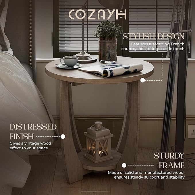 COZAYH Rustic Farmhouse End Table with Storage Shelf, French Country Modern Round Accent Side Table for Small Spaces, Vintage Grey Finish