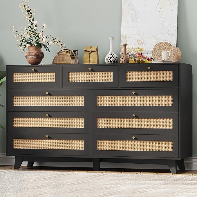 AOGLLATI Black Rattan Dresser for Bedroom with 9 Drawer, Modern Double Wooden Long Bedroom Dresser, Chest of Drawers with Metal Handle & Solid Wood Legs for Bedroom/Living Room, Black