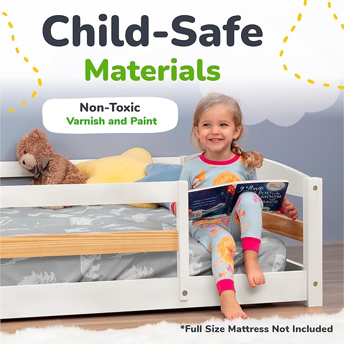 Ocodile Full Size Montessori Floor Bed for Kids - Strong Slatted Bed Frame with Full Rails - Ideal for Little Girls and Boys - White