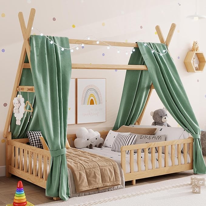 Twin House Bed with Light,Wood Twin Montessori FloorBed with Rails & Roof,Teepee Bed for Kids Boys Girls,with Slats Support,No Box Spring Needed, Natural