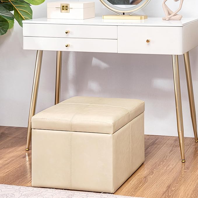 Adeco Faux Leather Cube Storage Ottoman, Beige Ottomans for Living Room, Bedroom