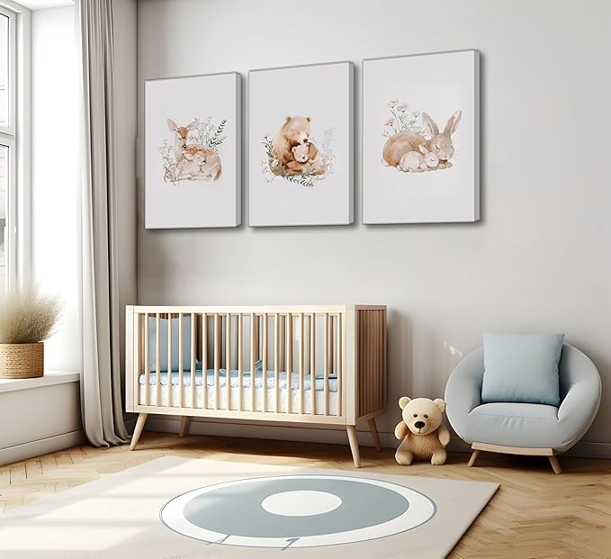 3 Pcs Animal Nursery Canvas Wall Art Watercolor Baby Animals with Wildflowers Painting Picture Wall Decor Cute Rabbit Bear Deer Nursery Paintings Artwork for Kids Room Baby Room Home Decoration