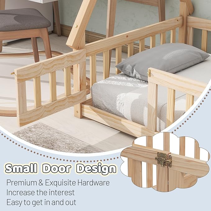 Twin House Bed Frame with Fence Rails and Door,Wood Montessori Floor Bed with Slats Support,Teepee Tent Beds Kids Bed Frames for Girls Boys, Natural