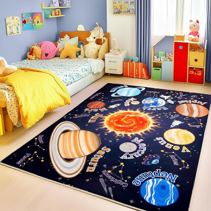 Kids Rugs for Playroom, 4x5 Feet Educational Rug for Learn The ABC Alphabet, Soft Machine Washable Non-Slip Cute Space Galaxy Carpet for Classroom Toddler Nursery Kids Room Decor Mat