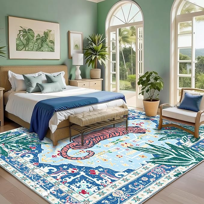 8x10 Washable Non-Slip Blue Tiger Rug for Living Room Bedroom Dining Room Vintage Neutral Tropical Animal Cheetah Print Jungle Rug Soft Cozy Whimsical Woodland Large Carpet for Boys Room Playroom